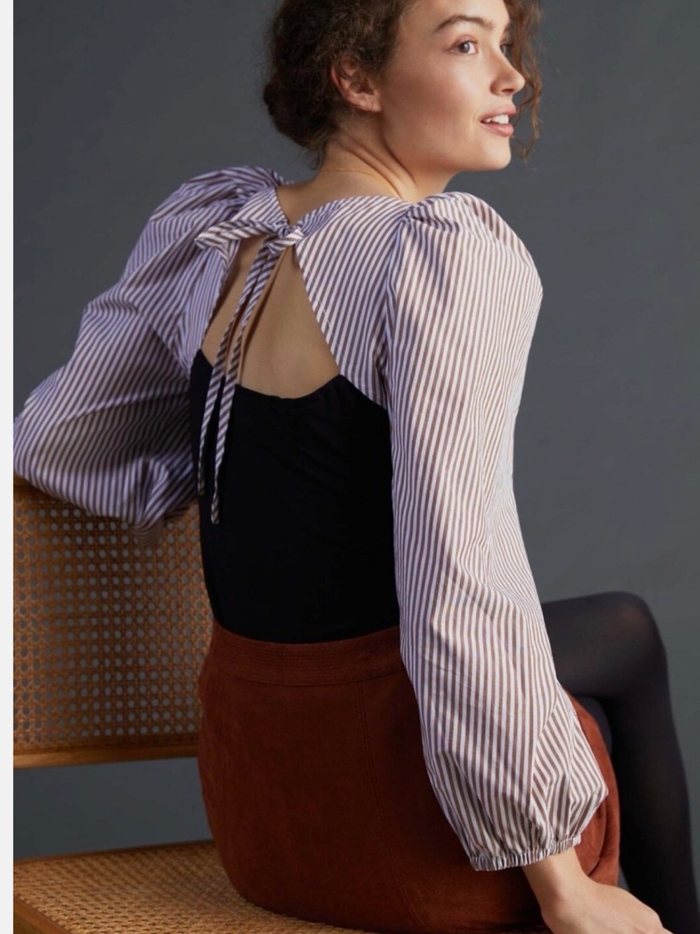 Maeve Striped Puff-Sleeve Tie-Back Top - Black and White